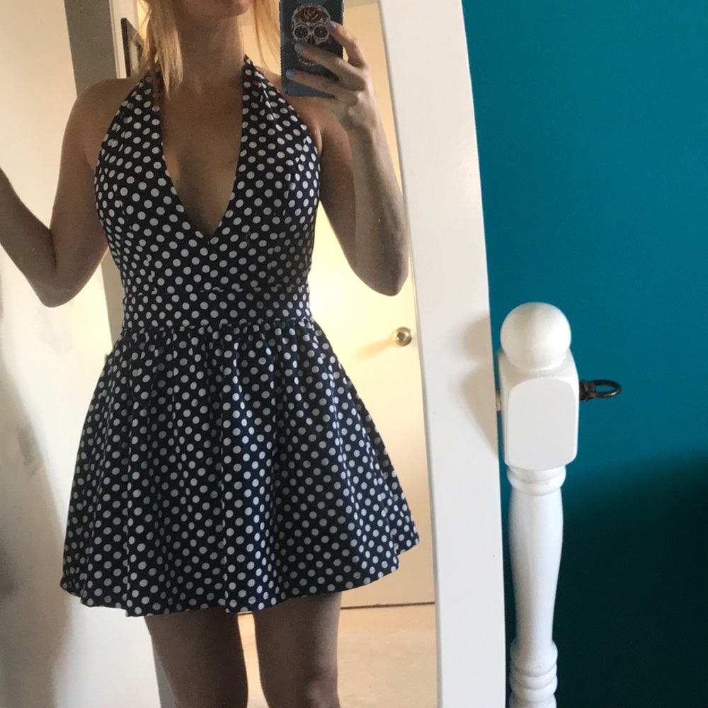 Pinup style navy and white polka dot dress
